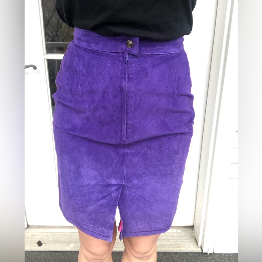 Real leather vintage purple knee length skirt